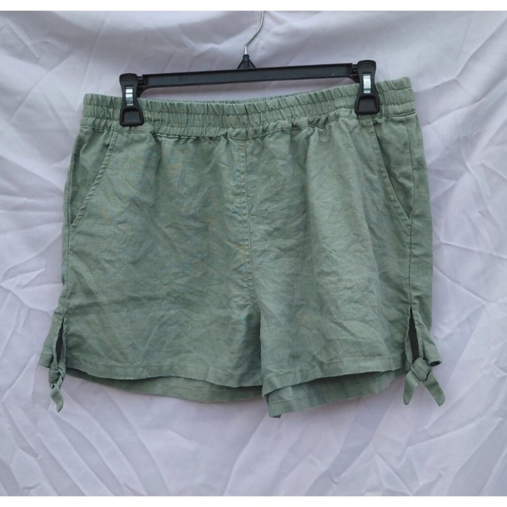 Sanctuary Mid Rise Pull On Linen Shorts Large Tie Detail Green Coastal Beach